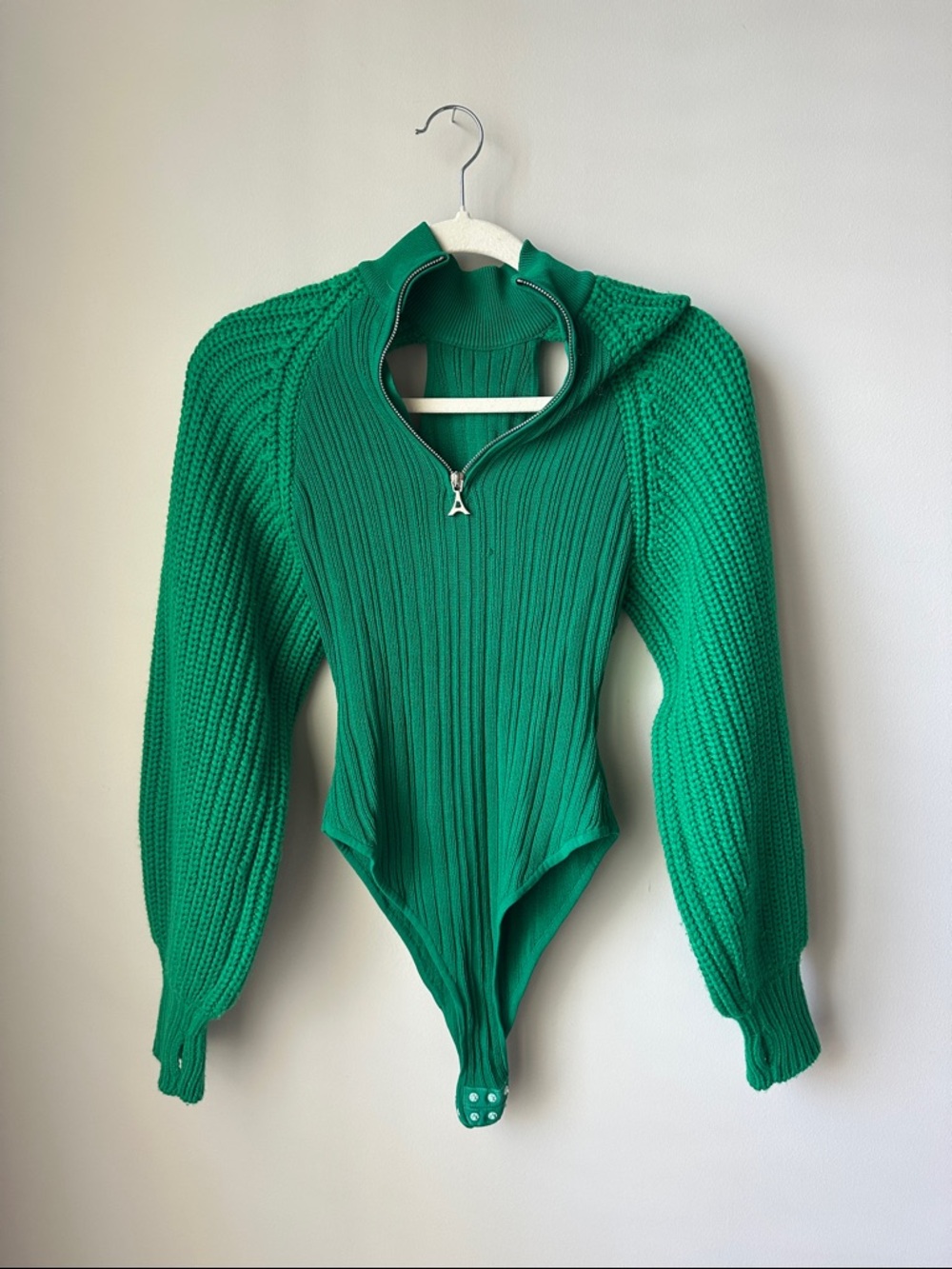 Maniere De Voir Emerald Green Ribbed Half-Zip Sweater Bodysuit
